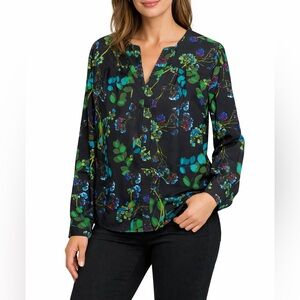 Calvin Klein Women’s Floral Blouse Size L Black Long Sleeve V-Neck Career Top